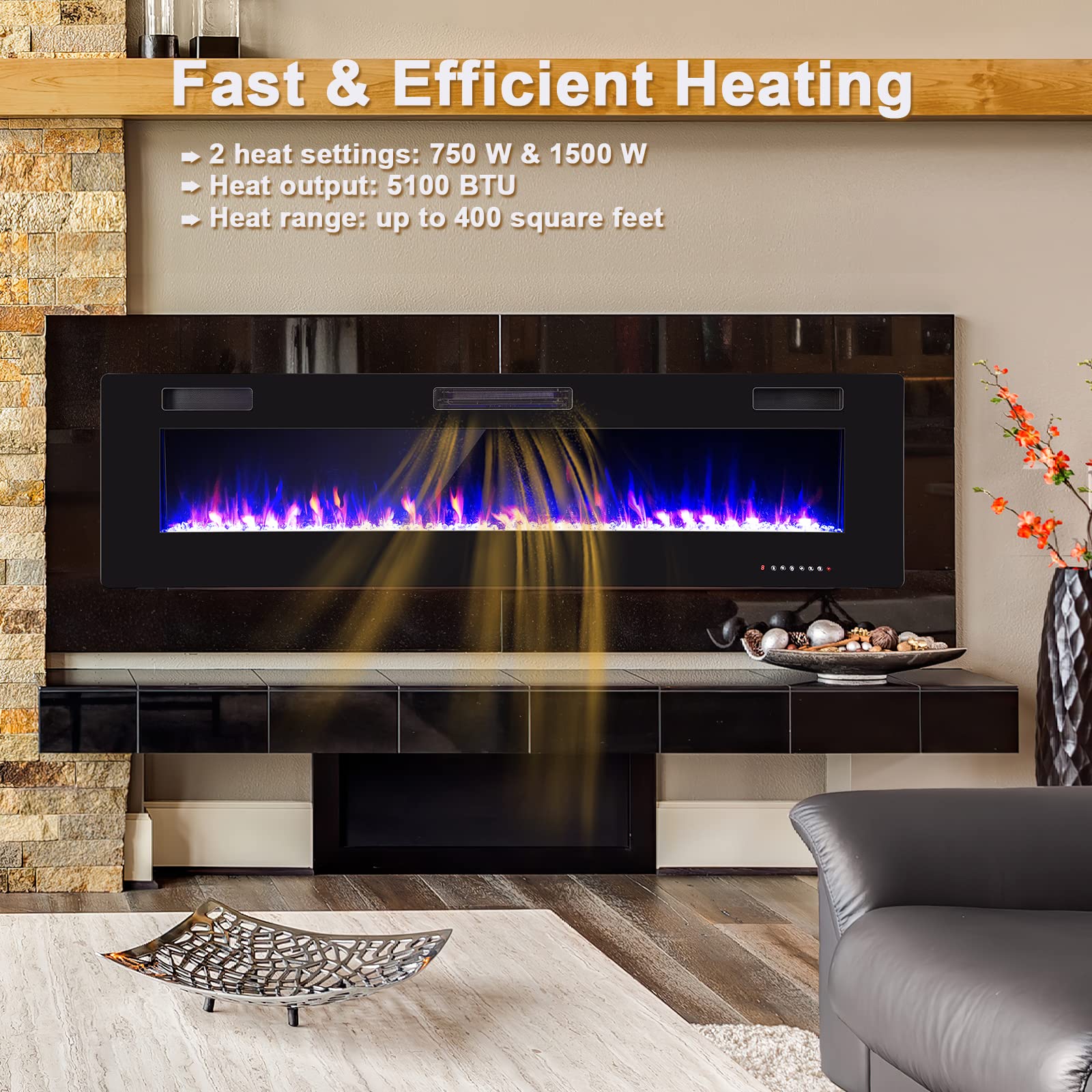 Costway 68 Inches Ultra Thin Electric Fireplace, 5100 Btu Recessed And Wall Mounted Fireplace Insert With Remote Control, Log And Decorative Crystals, Adjustable Flame Effect, Etl Certification